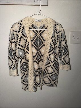 Open Crochet Cardigan Sweater in Cream, Gray & Black